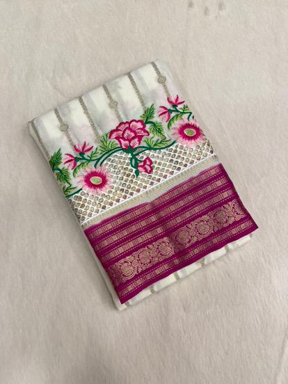 White special premium fire cutwork semi crepe Mysore silk saree 🩷